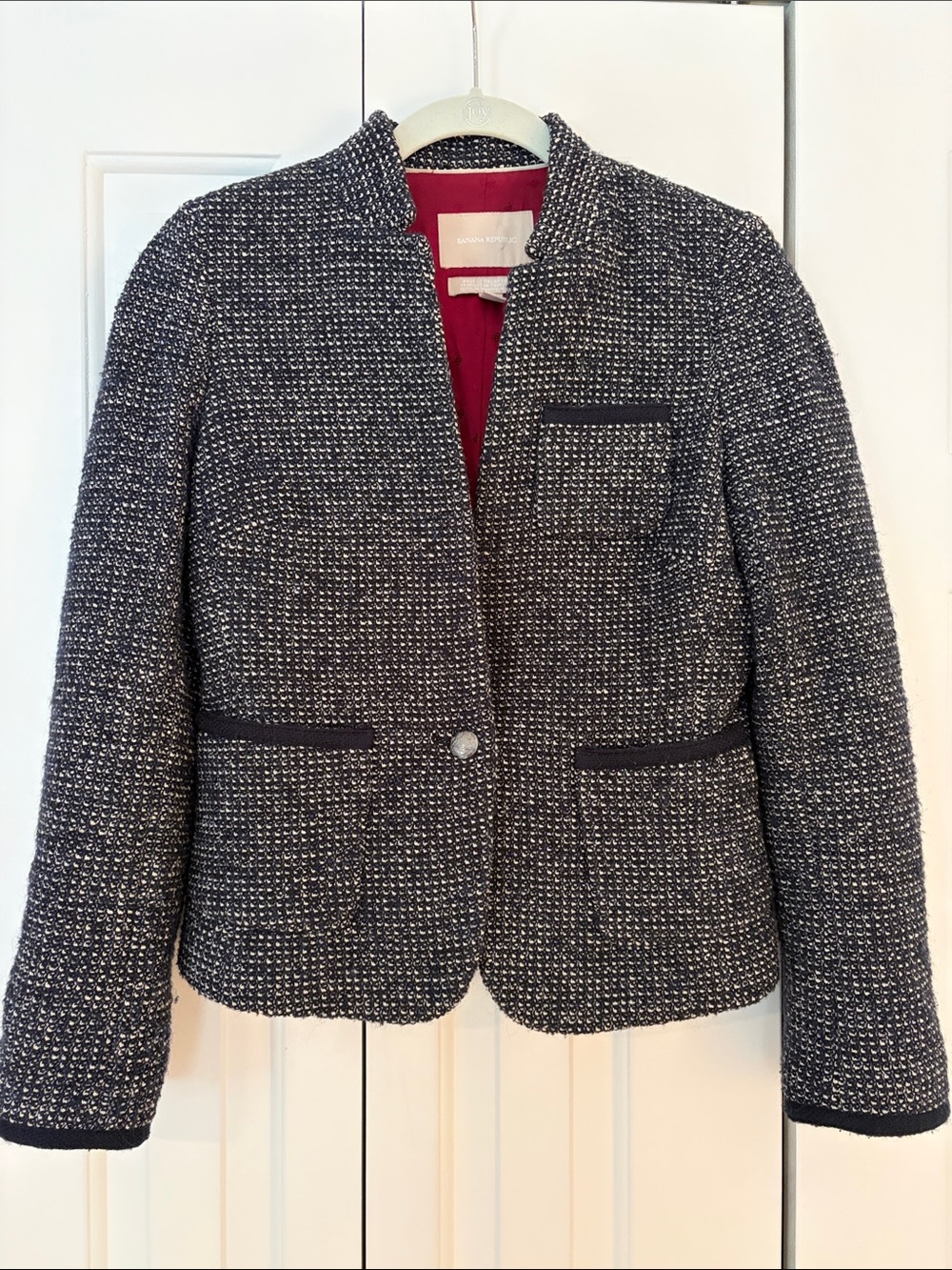 Banana Republic Women's Navy & White Tweed Jacket - Classic Collarless Blazer